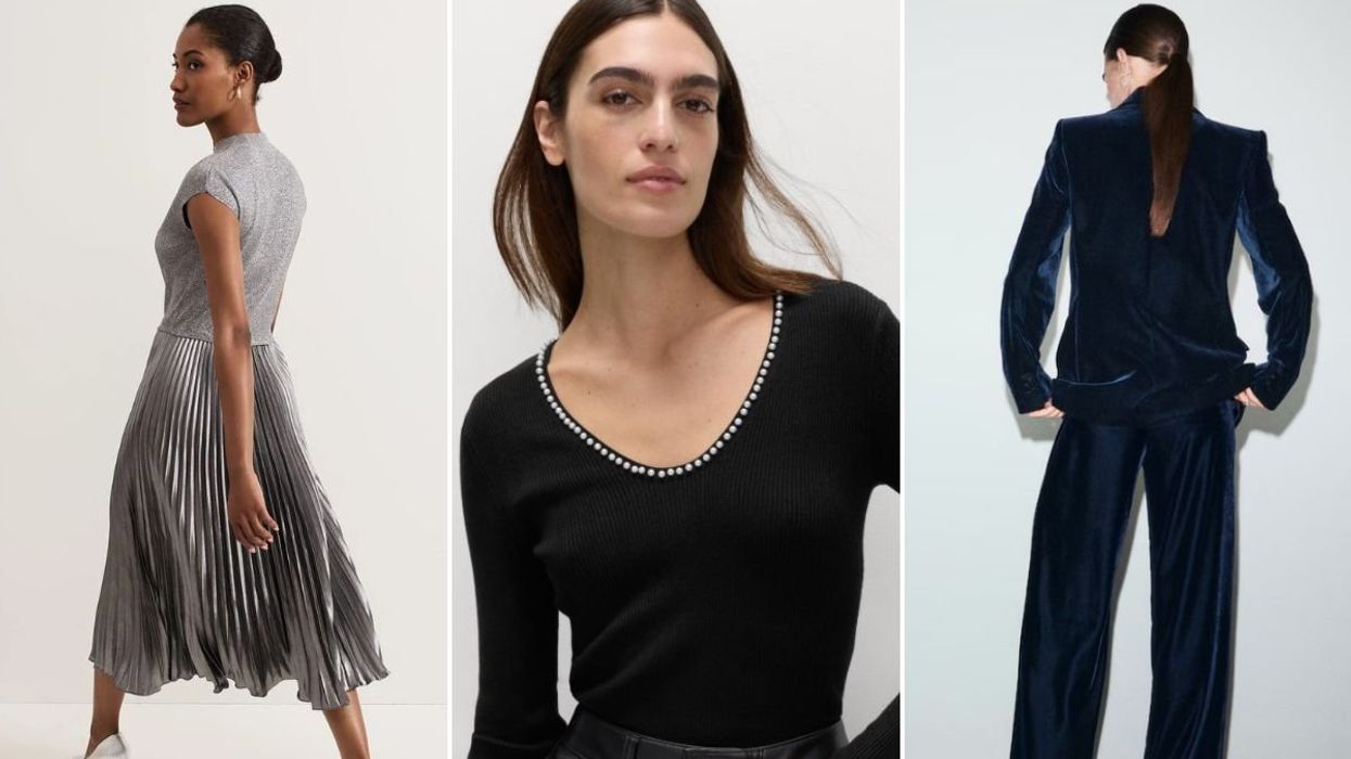 Phase Eight Jayla Metallic Knit Dress / M&S Embellished Scoop Neck Knitted Top / Mango Velvet Suit Trousers