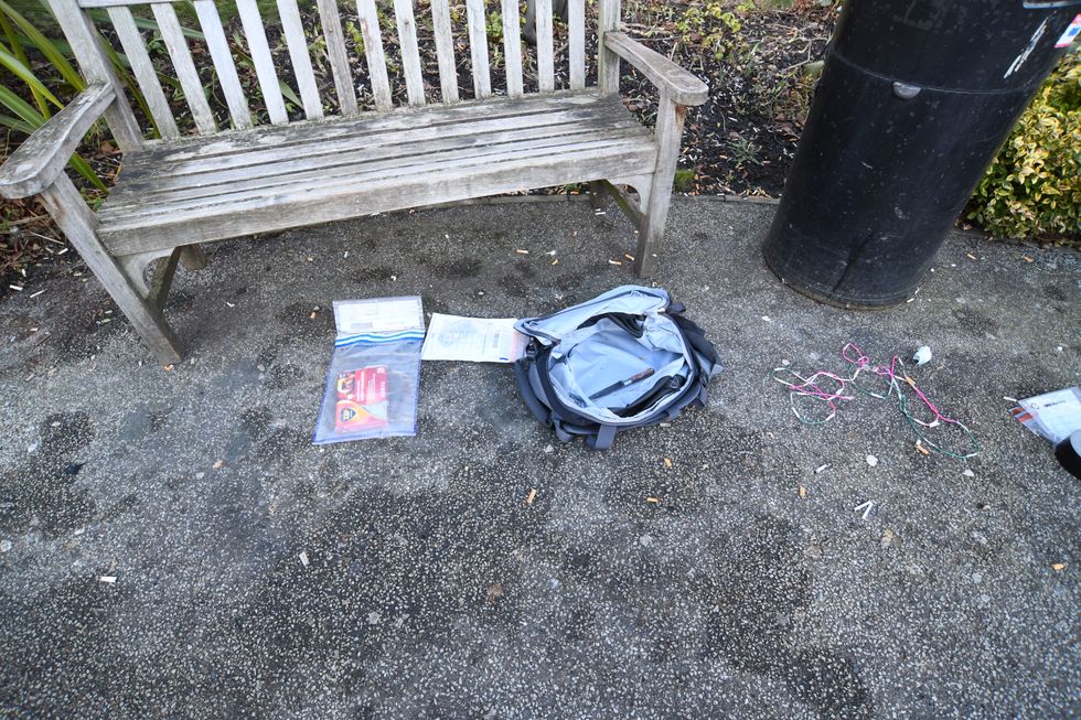 photo of a bag near a bench outside St James\u2019s Hospital in Leeds which was recovered at the time of Mohammad Farooq's arrest
