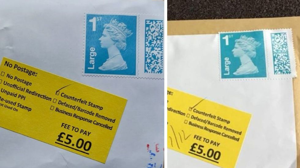 Photos of small business owner's envelopes with 'counterfeit' stamp labels