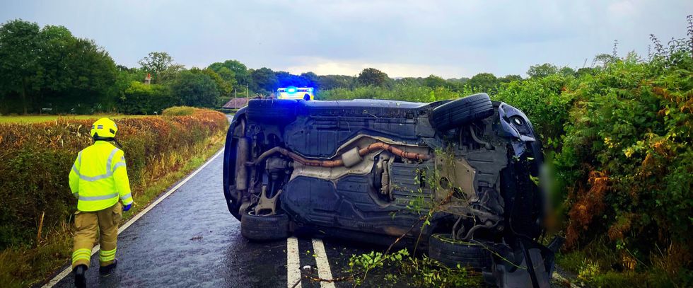 Picture taken with consent from the Twitter feed of PC Tom Van Der Wee showing the aftermath of a single-vehicle collision on the B2135 near Partridge Green. The family of Katie Price have said they have been concerned %22for some time%22 about the TV personality's mental wellbeing after she was reportedly involved in a car collision. Issue date: Wednesday September 29, 2021.