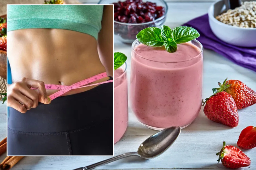 Pink smoothie in glass / Measuring slim waist