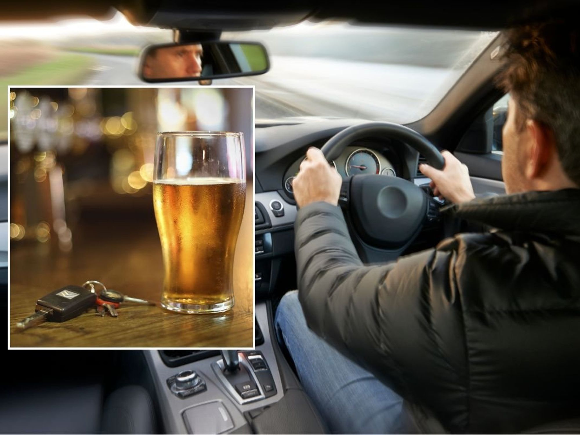 Pint of beer and a man driving a car