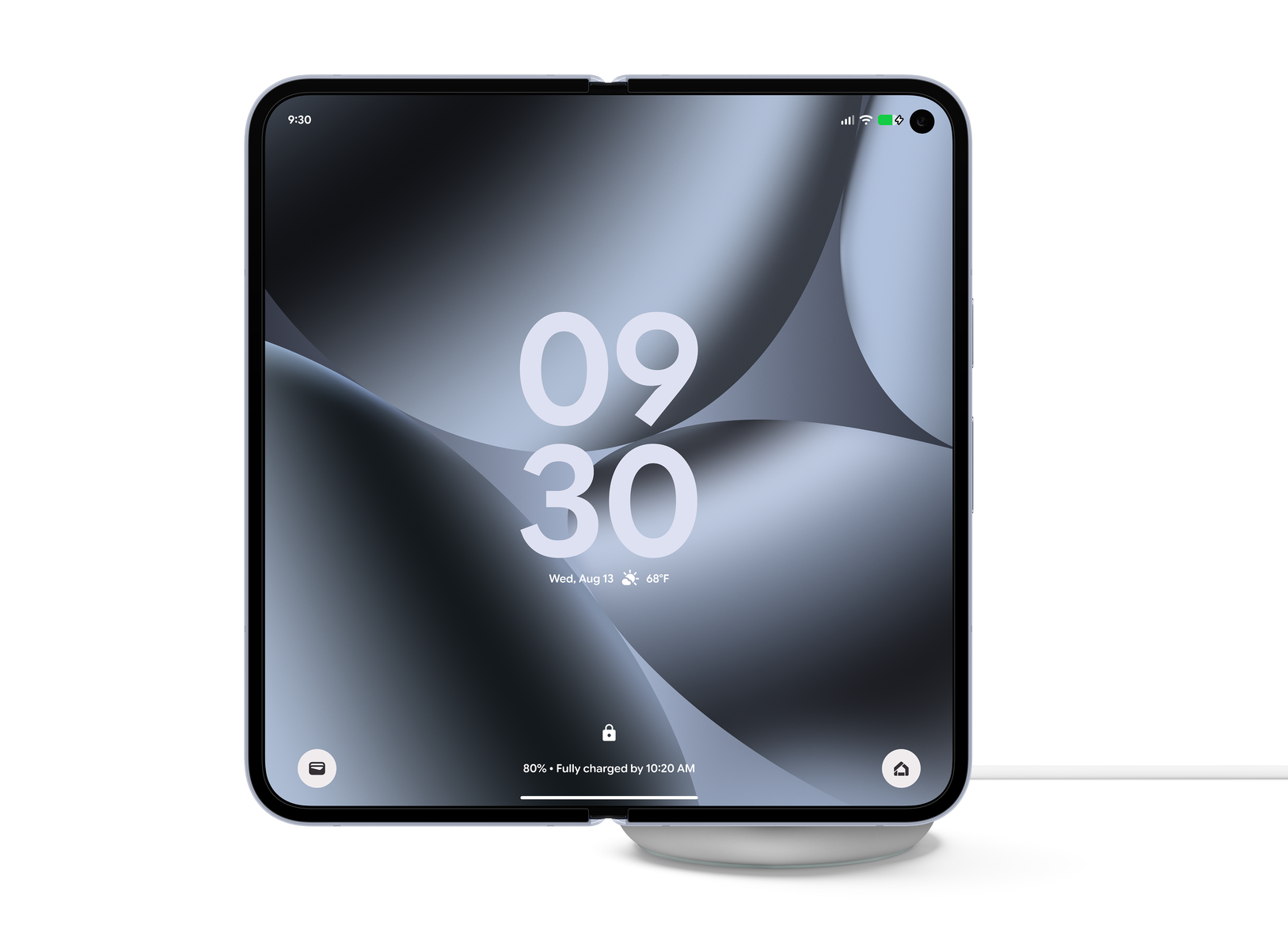 Pixel 10 Pro Fold shown on the charging stand on a white background