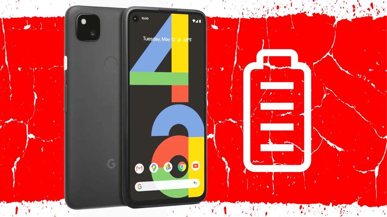 pixel 4a in black pictured with a red battery life icon in the background