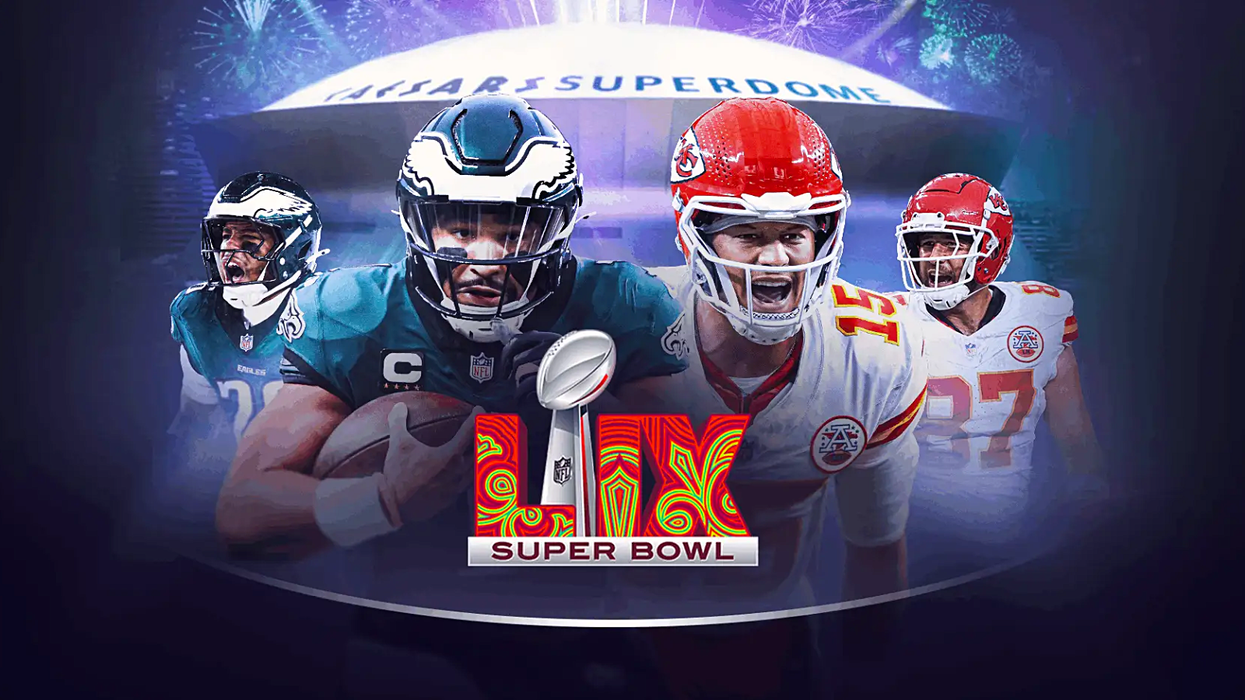 players from Philadelphia Eagles and Kansas City Chiefs shown with the Super Bowl LIX logo