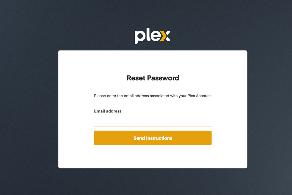 Plex website displaying page to reset your password