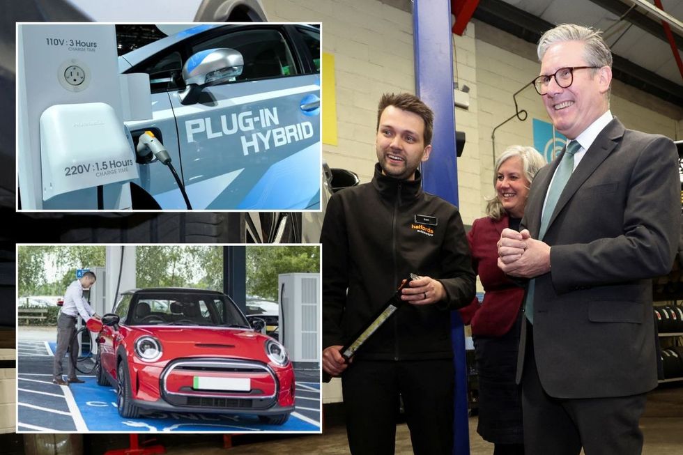 Plug-in hybrid vehicle, electric vehicle charging and Prime Minister and Keir Starmer and Transport Secretary Heidi Alexander in a car garage