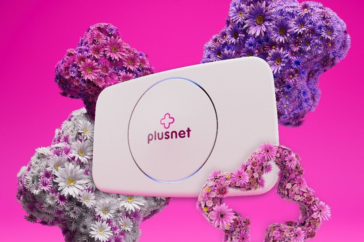plusnet broadband router pictured surrounded by pink flowers 