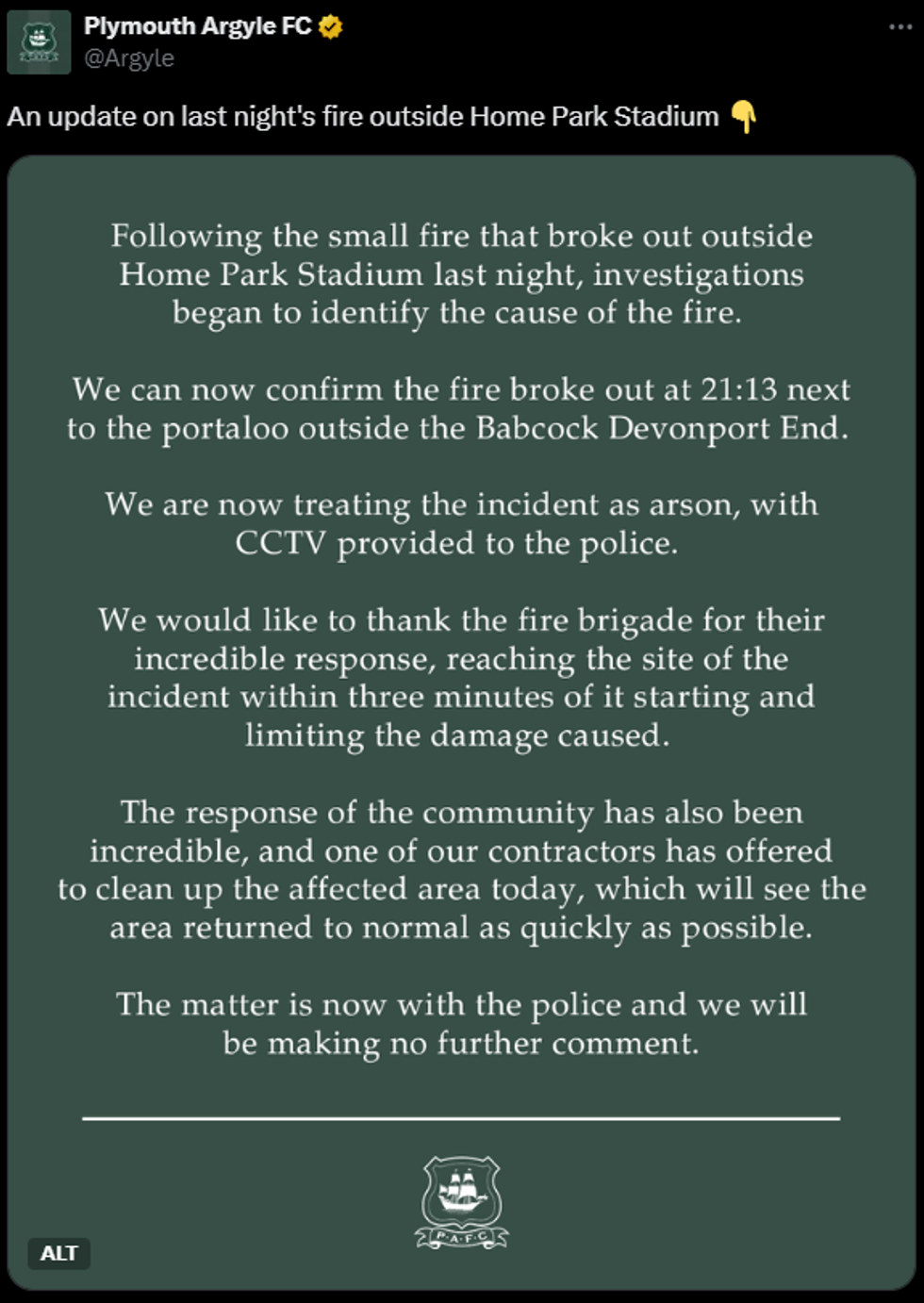 Plymouth Argyle statement