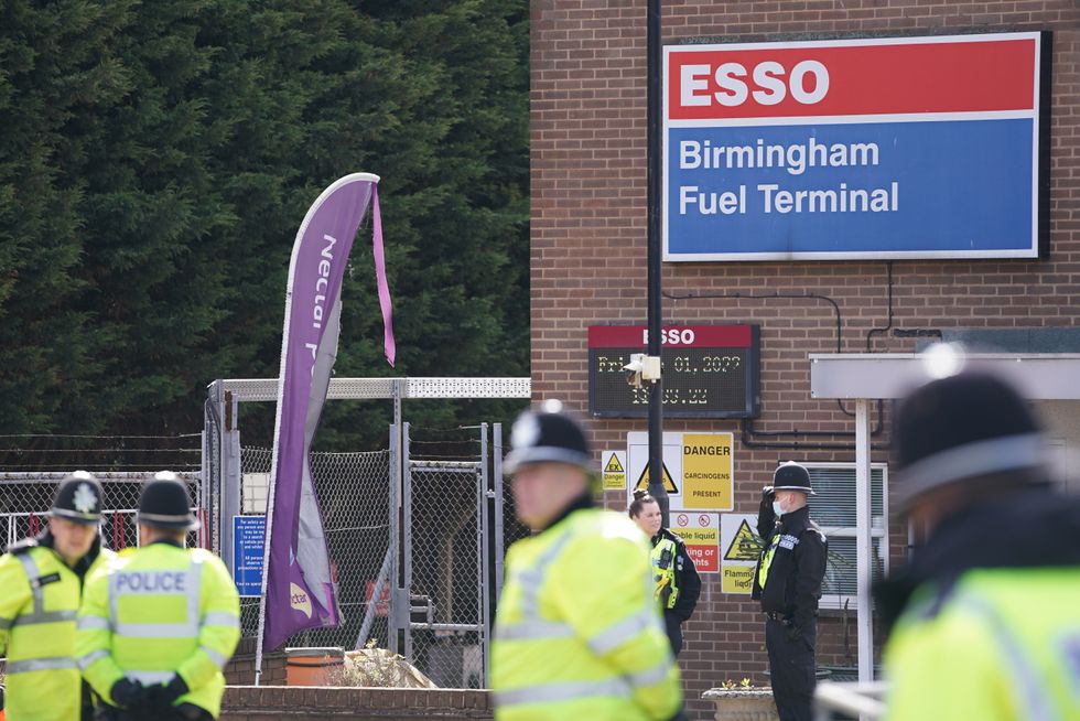 Police at a protest by Just Stop Oil, blockading the ESSO Birmingham Fuel Terminal, Birmingham. Picture date: Friday April 1, 2022.