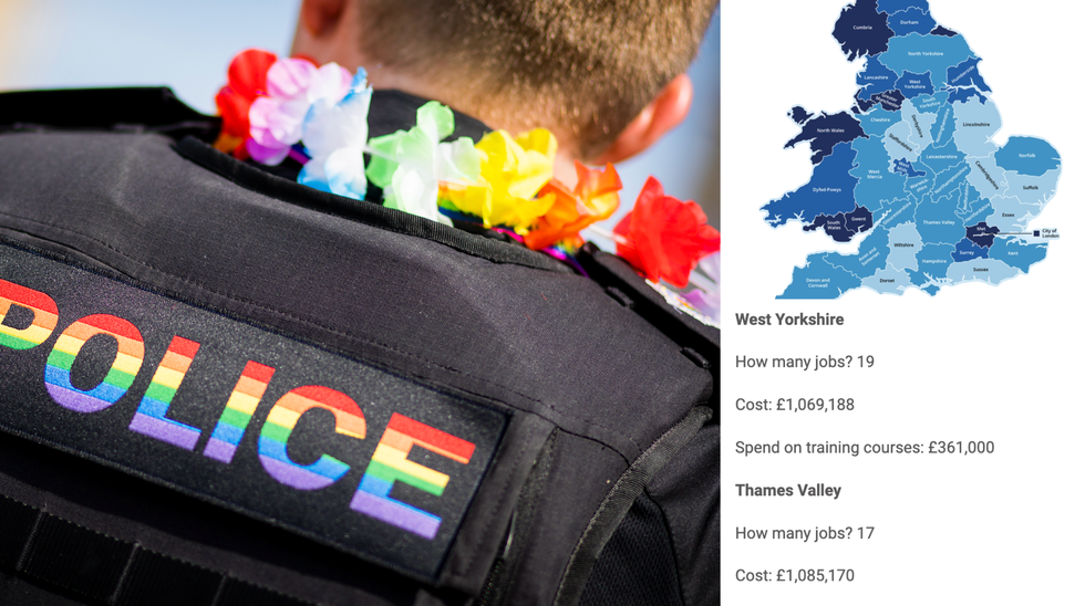 Police at Pride (left), English map of police forces (top right), breakdown of spending on DEI in police forces (bottom right)
