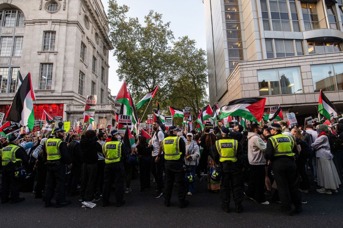 Police form a line at a pro-Palestine protest 