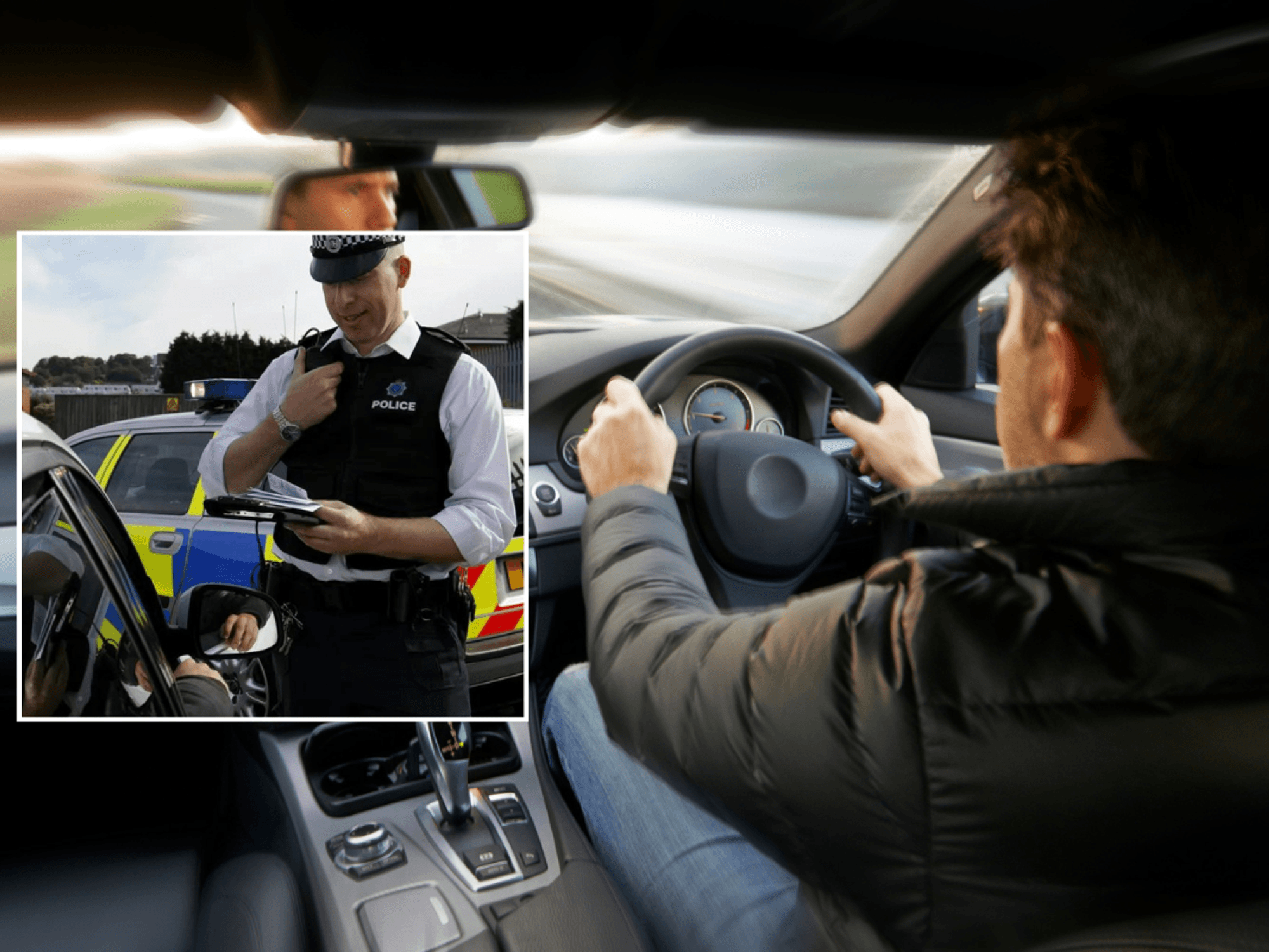 Police officer and driver in car