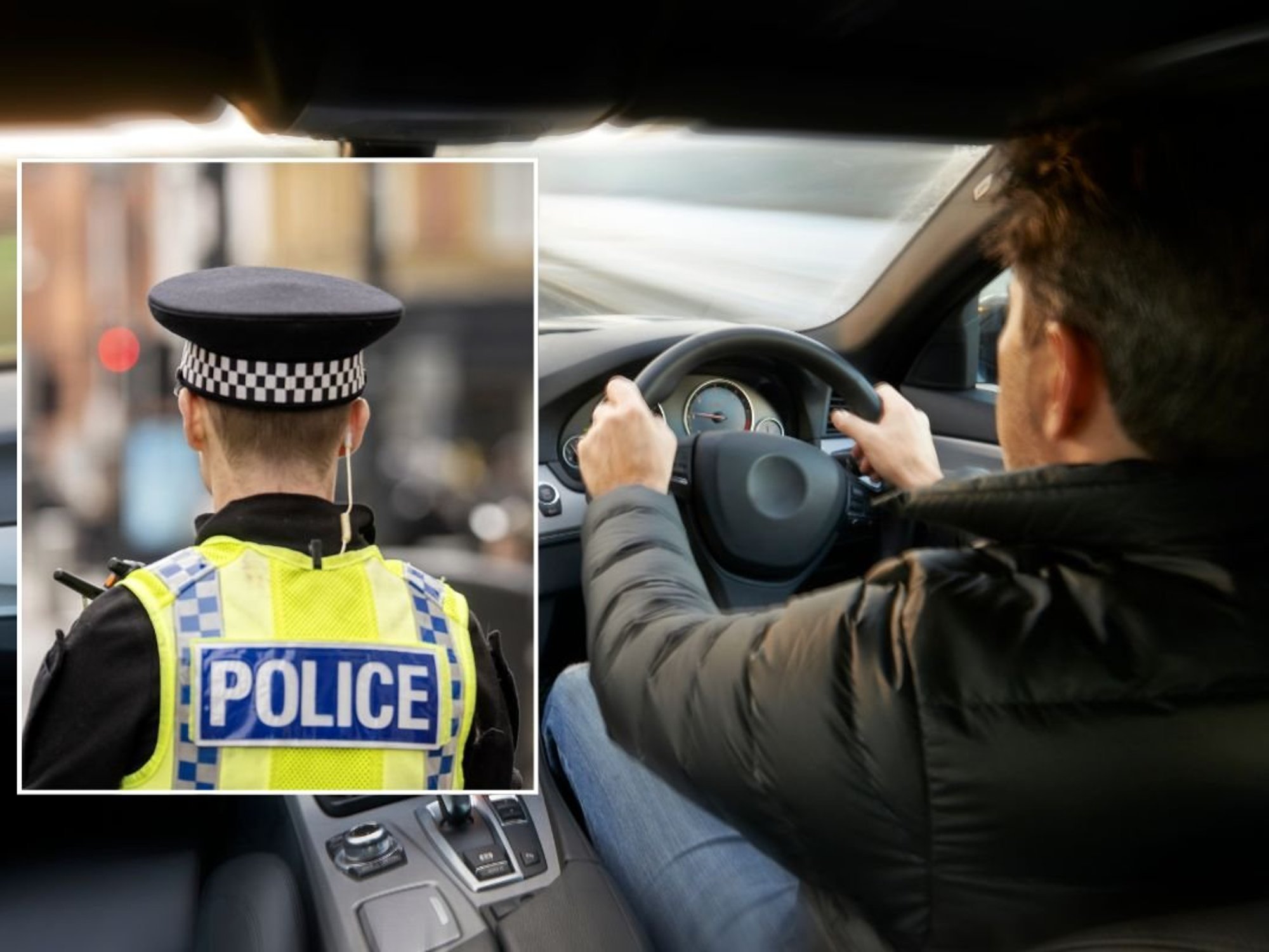 Police officer and man driving a car