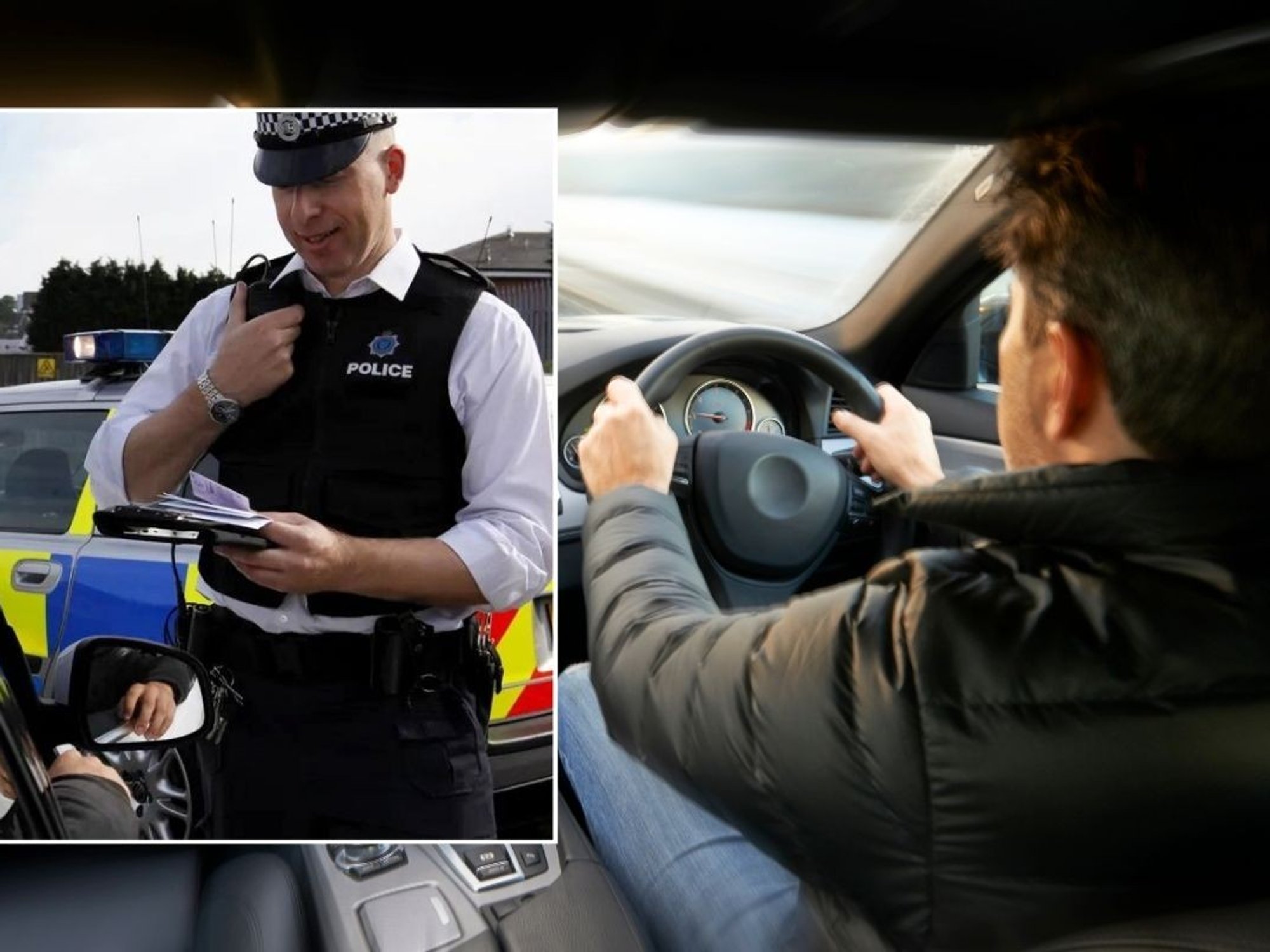 Police officer pulling a car over and a man driving