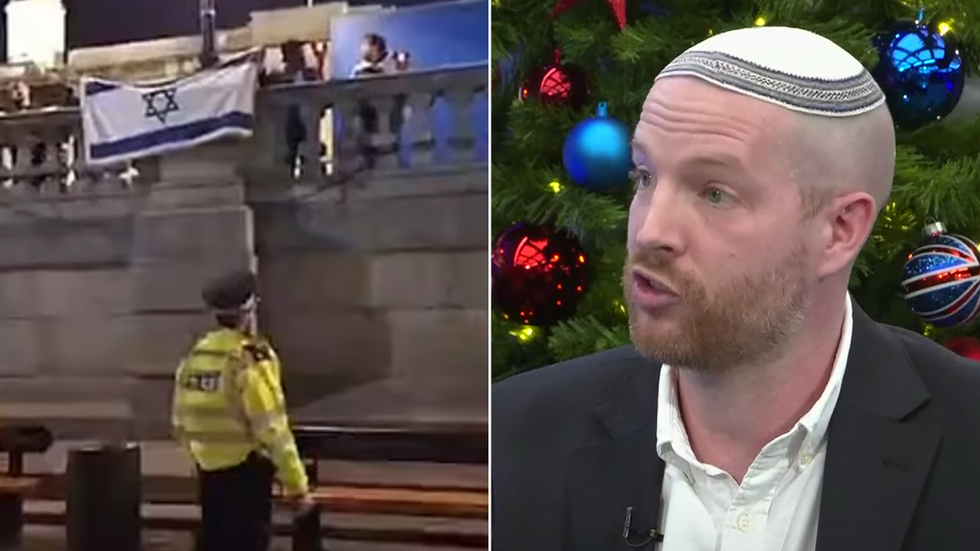 Police officer telling someone to take down a pro-Israel flag and Joseph Cohen