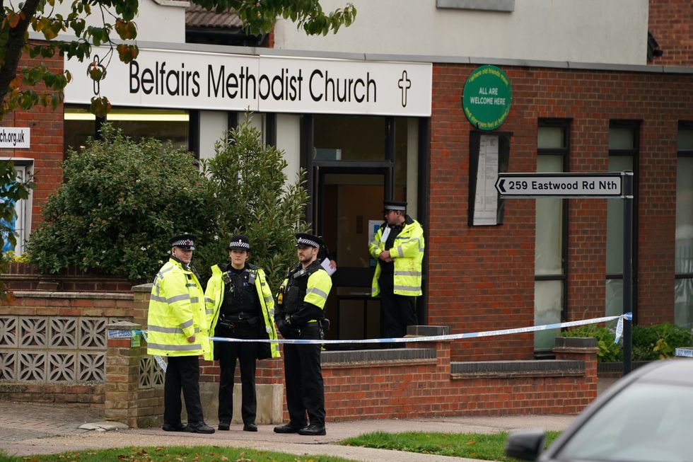 Police outside Belfairs Methodist Church in Eastwood Road North, Leigh-on-Sea, Essex, where Conservative MP Sir David Amess died.