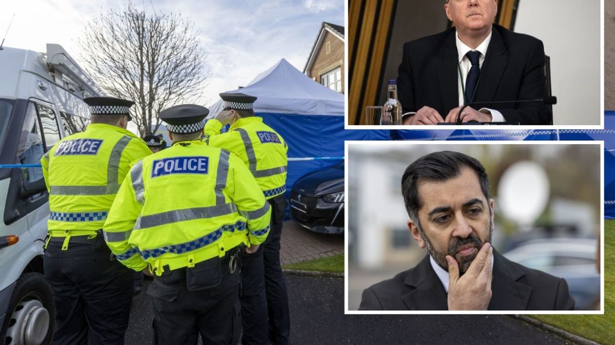 Police outside Nicola Sturgeon's house. Inset: Peter Murrell and Humza Yousaf