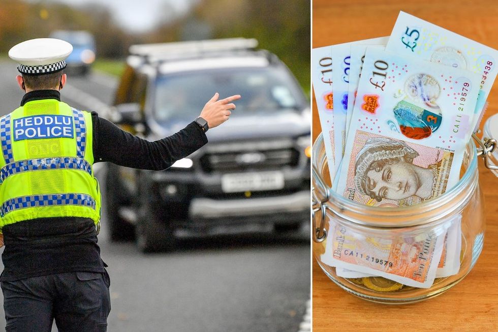 Police pulling a car over and a pot of money