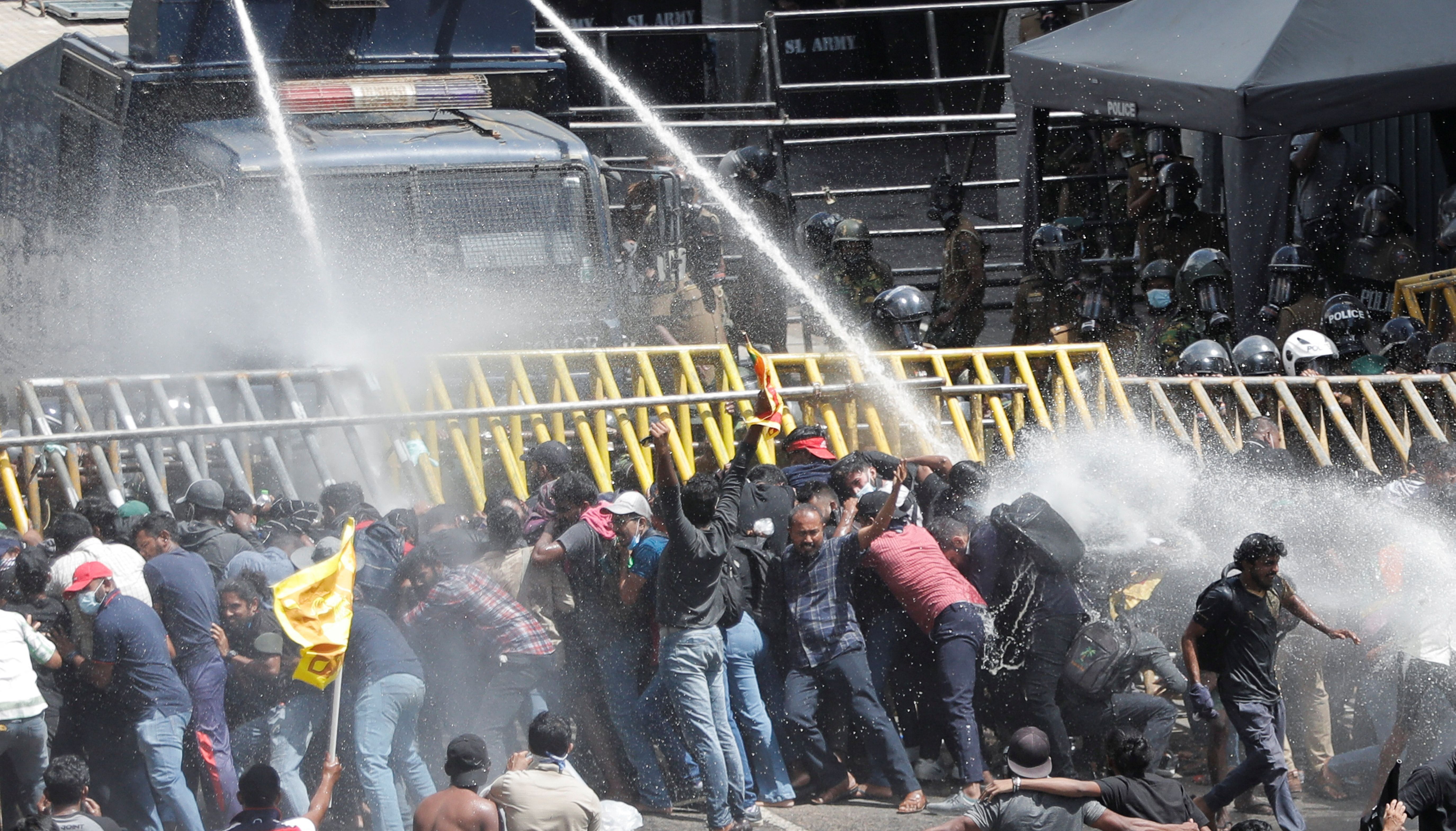 Police uses water cannons to disperse demonstrators near President's residence during a protest demanding the resignation of President Gotabaya Rajapaksa, amid the country's economic crisis, in Colombo, Sri Lanka.