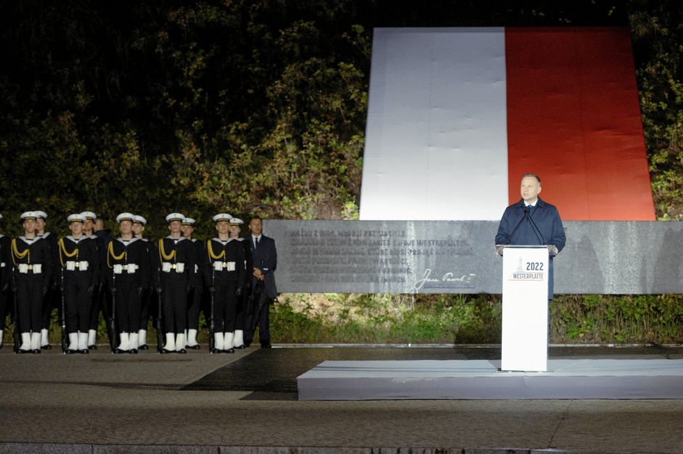 Polish President Andrzej Duda delivers a speech during a ceremony to mark the 83rd anniversary of the outbreak of World War Two at Westerplatte Memorial in Gdansk, Poland September 1, 2022. Bartosz Banka/Agencja Wyborcza.pl via REUTERS ATTENTION EDITORS - THIS IMAGE WAS PROVIDED BY A THIRD PARTY. POLAND OUT. NO COMMERCIAL OR EDITORIAL SALES IN POLAND.