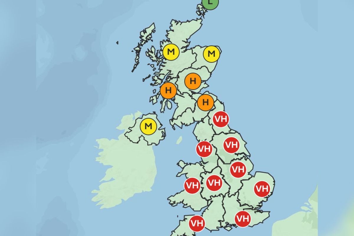 Pollen levels map of Britain