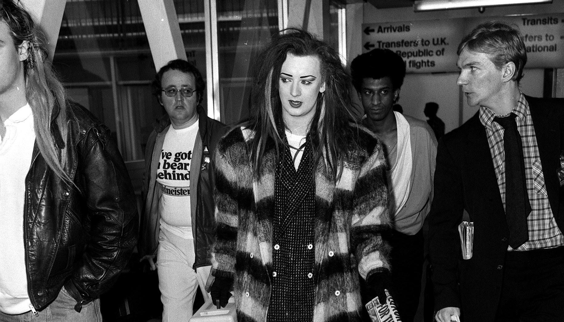Pop singer Boy George arrives at London's Heathrow Airport when he was due to leave with his group Culture Club for their 18 show, 15 city tour of Canada. CELEBRITY