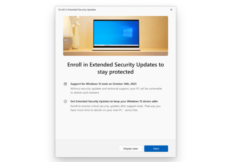 pop-up box asking windows 10 users to subscribe to Extended Security Updates