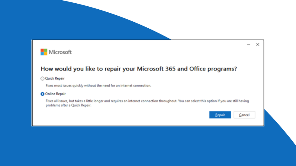 pop-up message that appears when performing a repair operation on windows 10