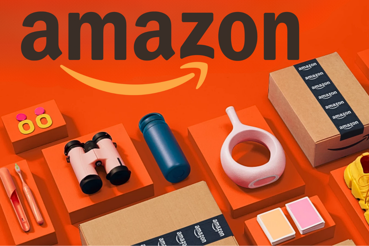 popular products and amazon branded cardboard boxes laid out in a grid with an orange background 
