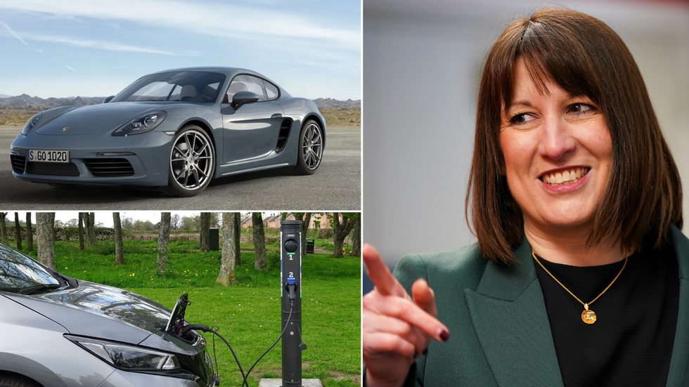 Porsche next to electric car and rachel reeves