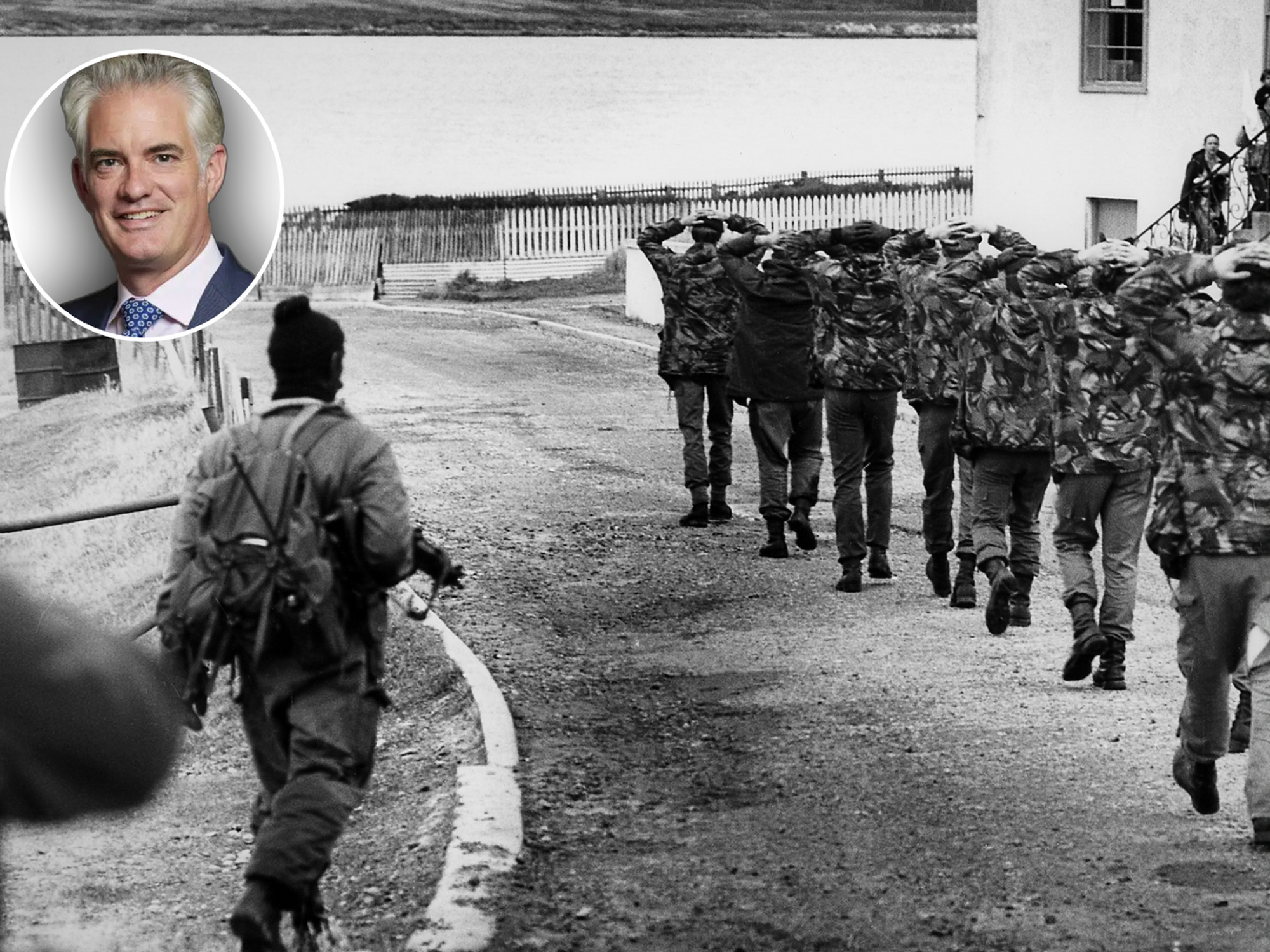 PORT STANLEY, FALKLANDS ISLANDS - APRIL 02: British soldiers surrender to Argentine troops who invaded the islands on April 2, 1982 in Port Stanley, Falkland Islands.