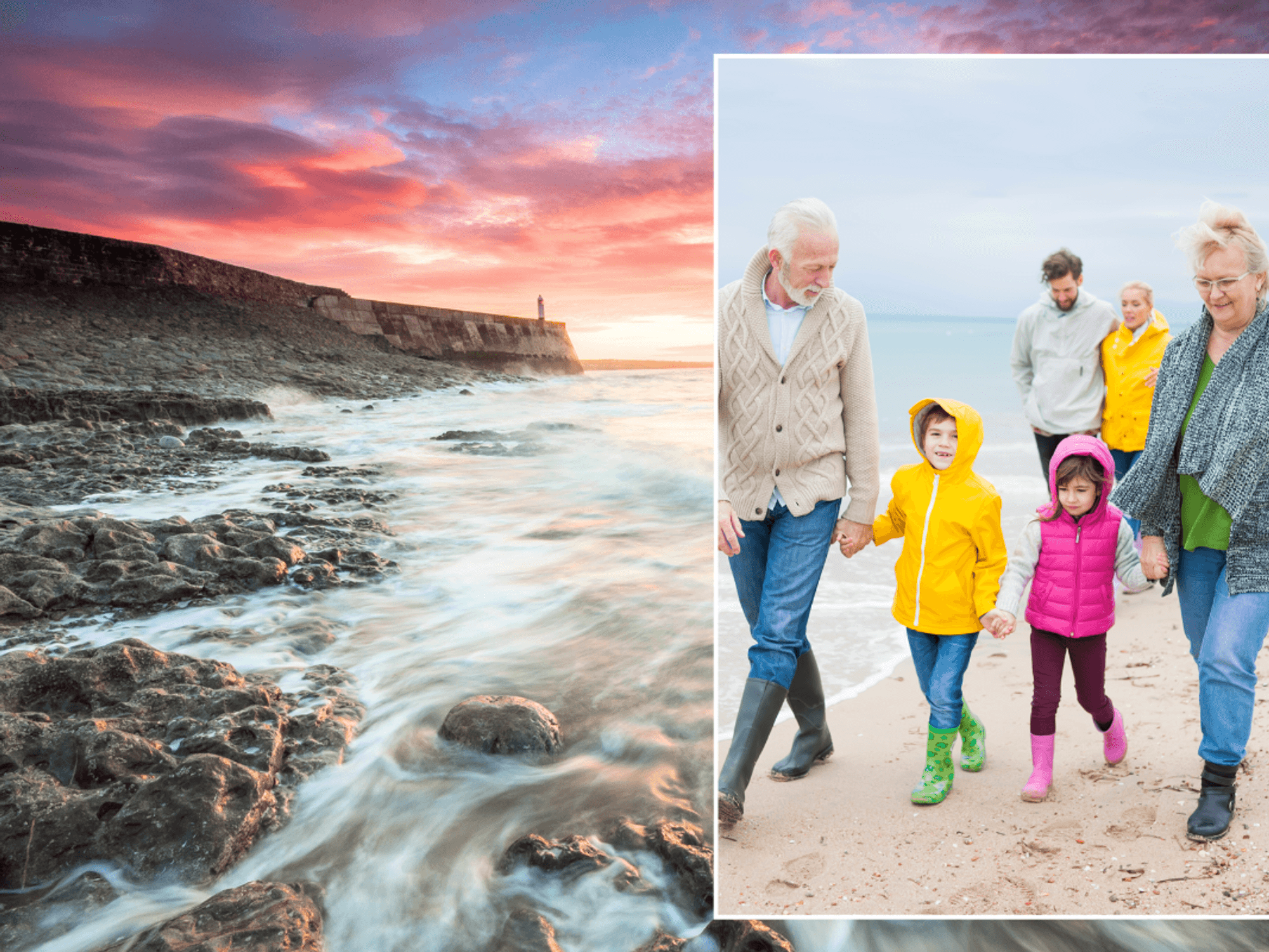 Porthcawl South Wales coast / family walking on beach