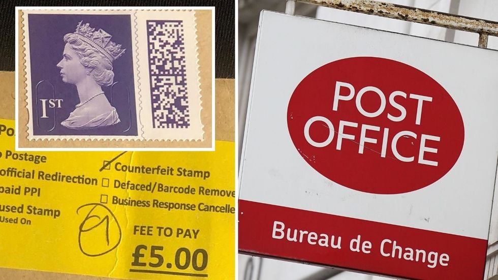 Post Office and Royal Mail 'counterfeit stamp' sign