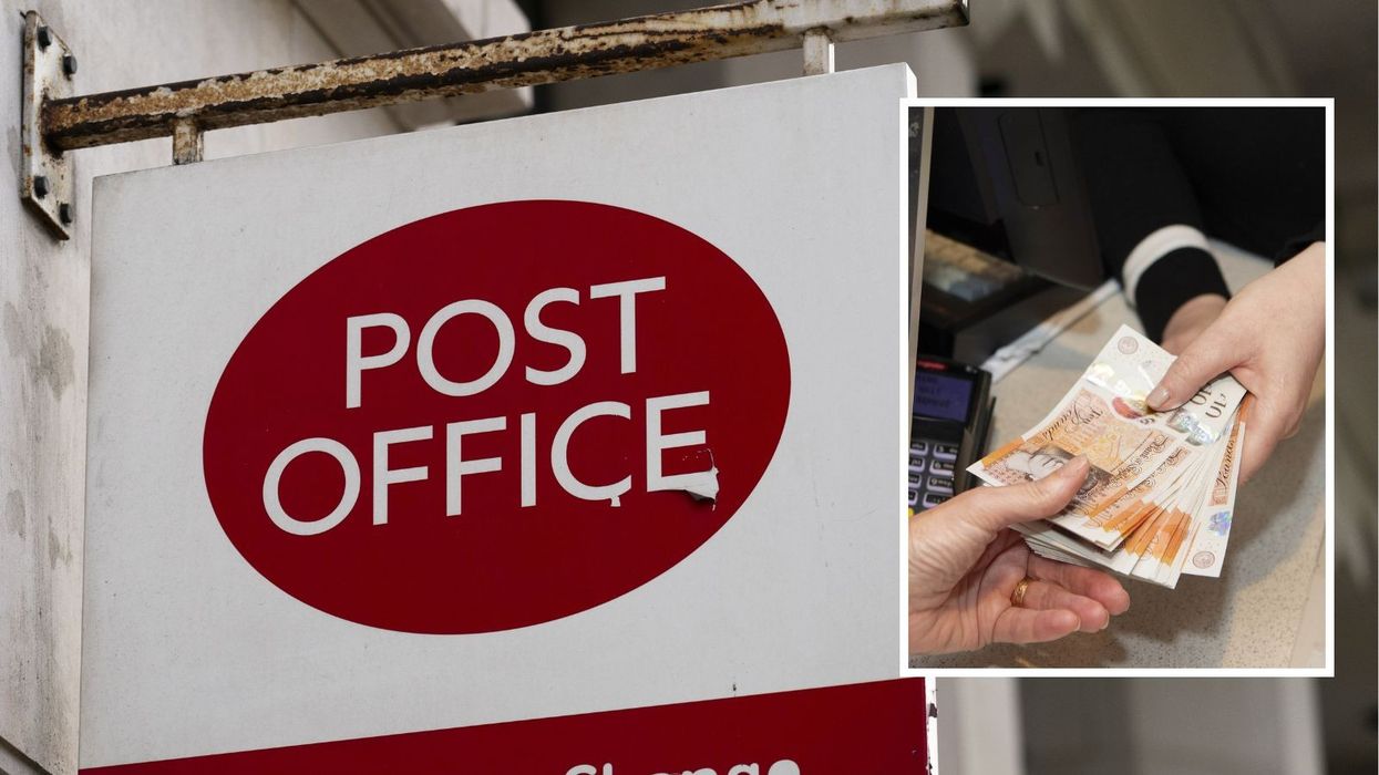 Post Office logo outside branch and cash transaction in pictures