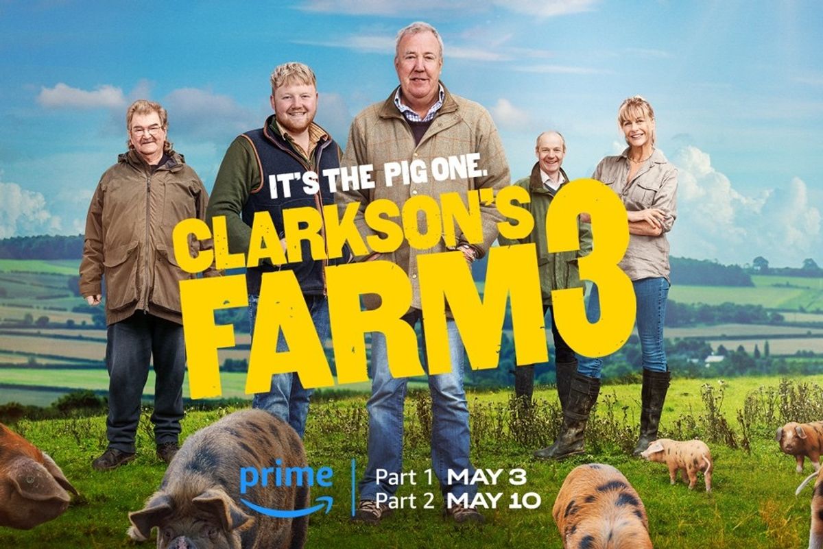 poster for clarksons farm 3 with the full cast and the release date of may 3 and may 10 for the 2 parts of season 3 