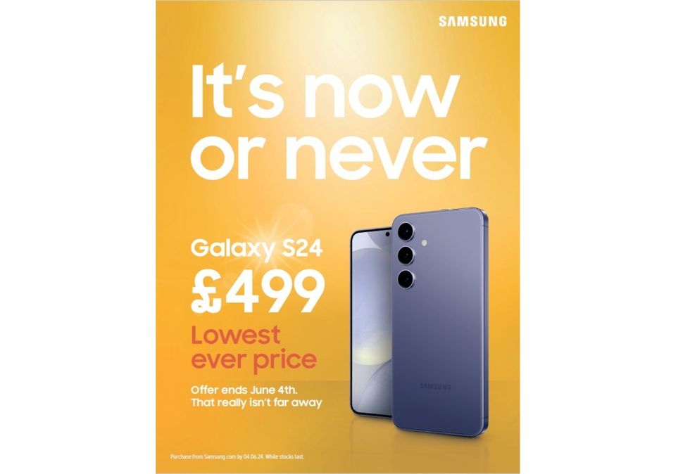 poster for the samsung galaxy s24 sale with the slogan "it's now or never"