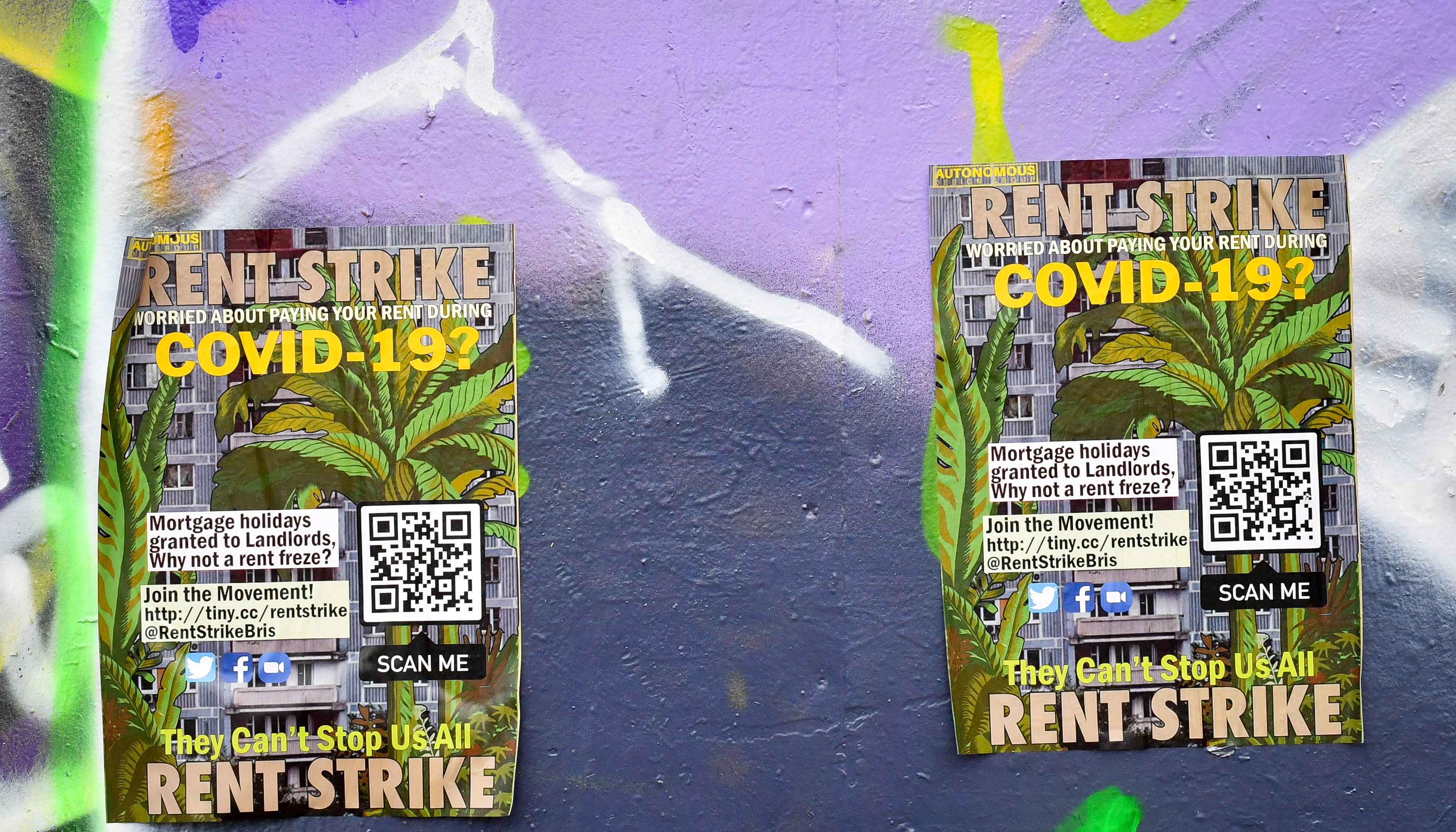 Posters referencing Covid-19 and a rent strike in Bristol as the UK enters the second week of lockdown due to the global coronavirus pandemic.