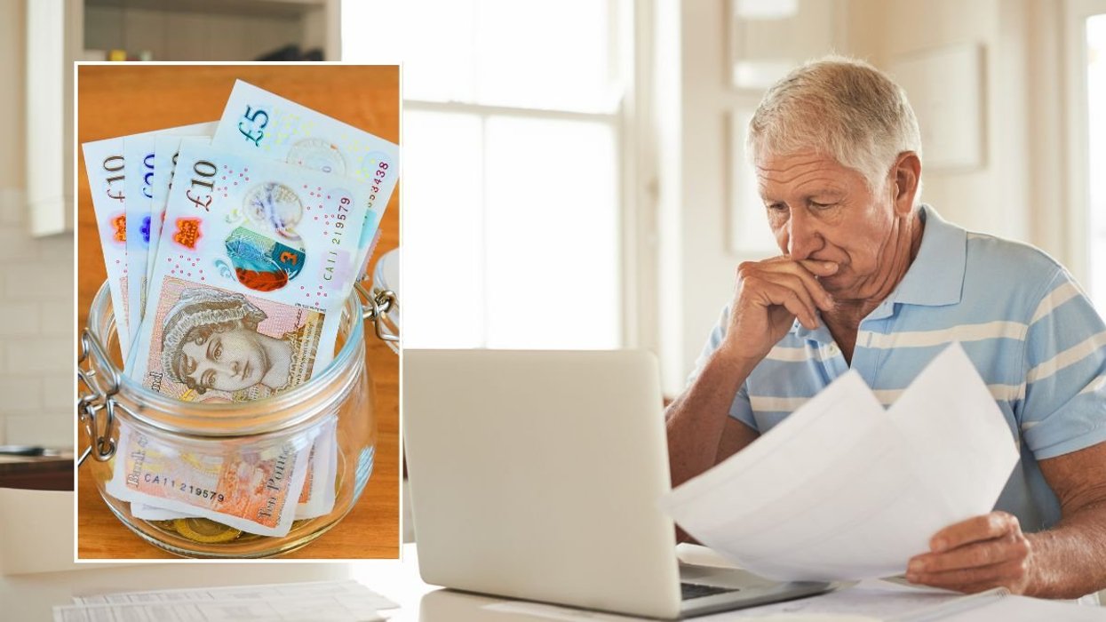 Pot of money and an elderly man looking at documents and a laptop