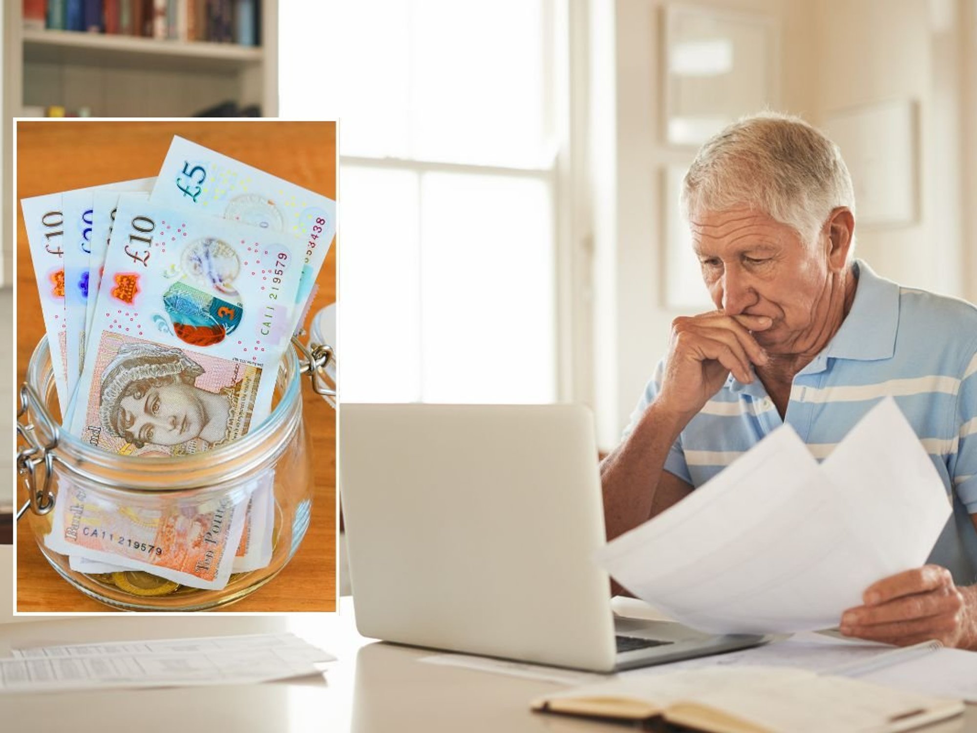 Pot of money and an elderly man looking at documents and a laptop