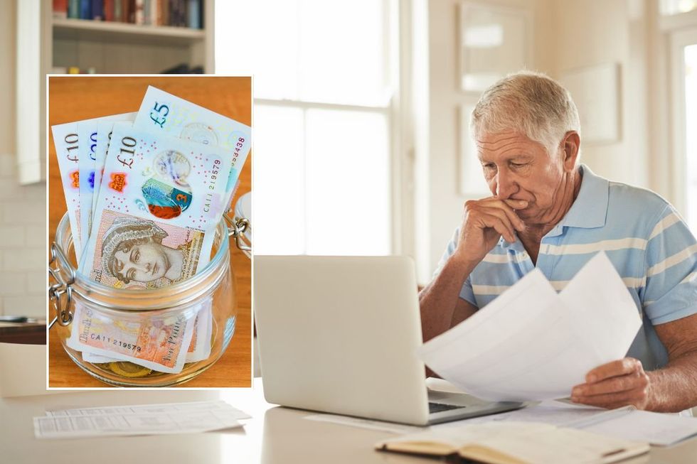 Pot of money and an elderly man looking at documents and a laptop