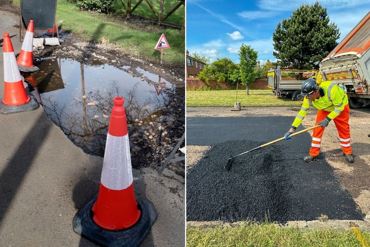 Pothole and workers filling potholes