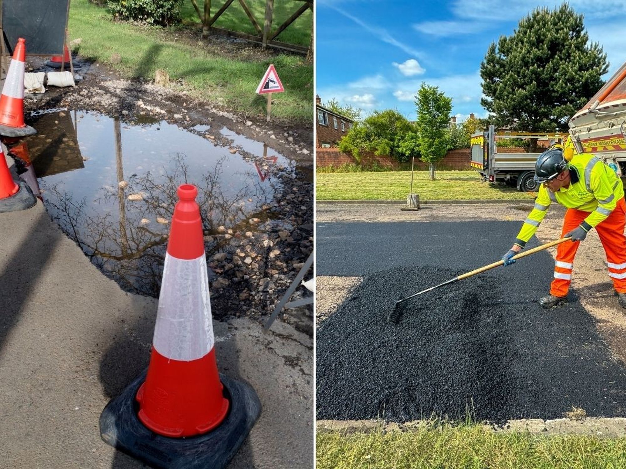 Pothole and workers filling potholes