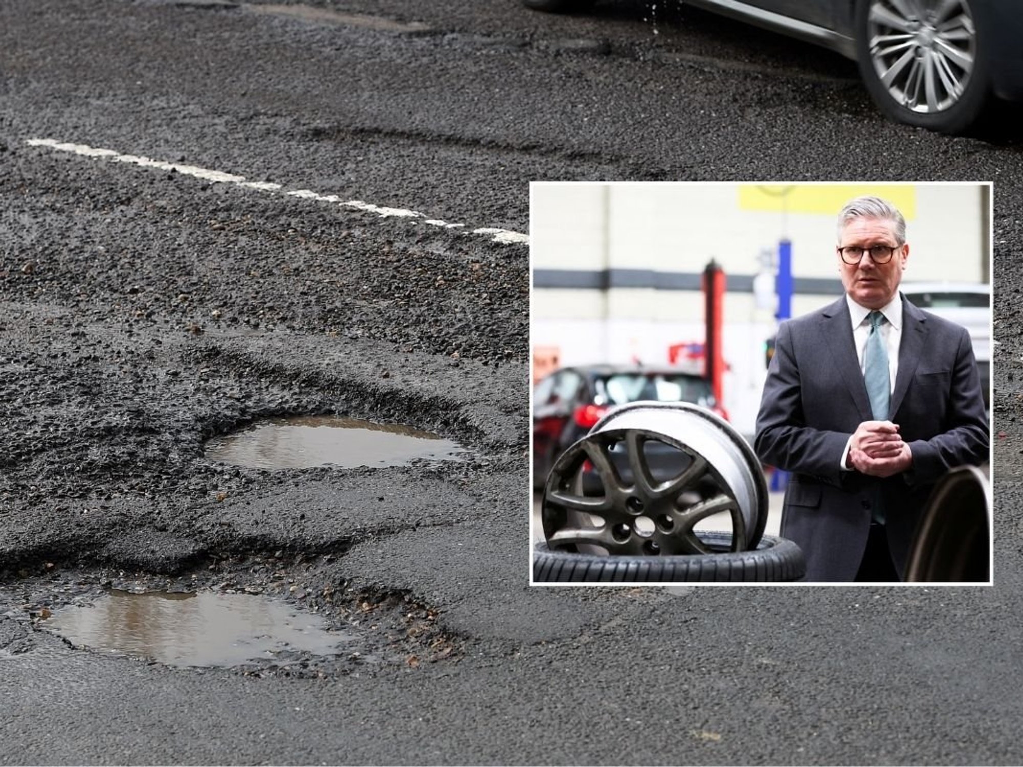 Potholes and Prime Minister Keir Starmer looking at a tyre