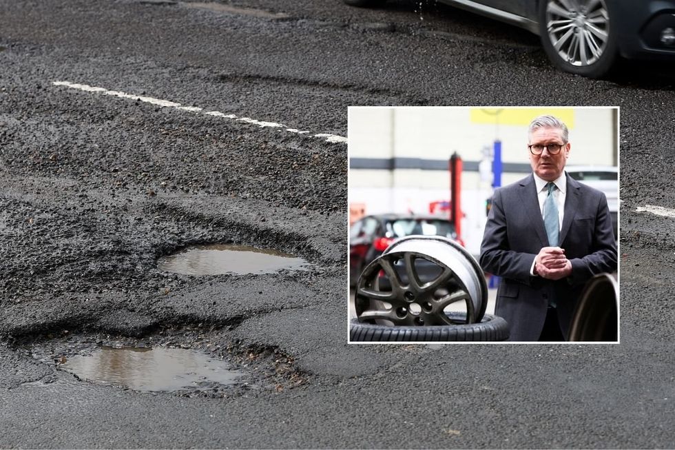 Potholes and Prime Minister Keir Starmer looking at a tyre