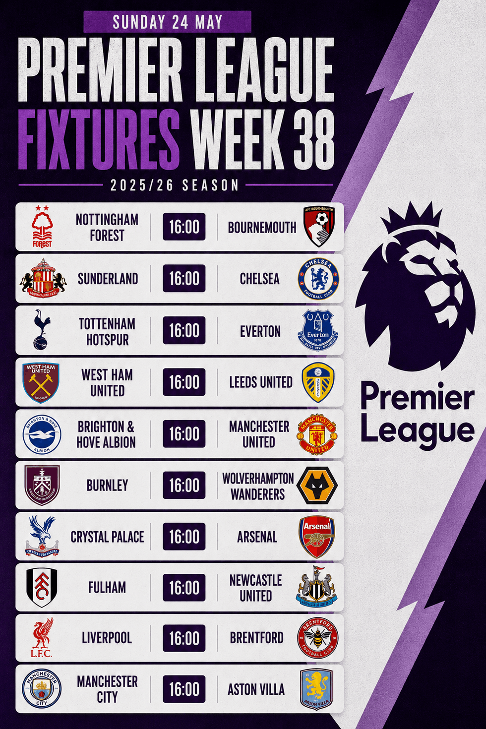 Premier League fixtures 38