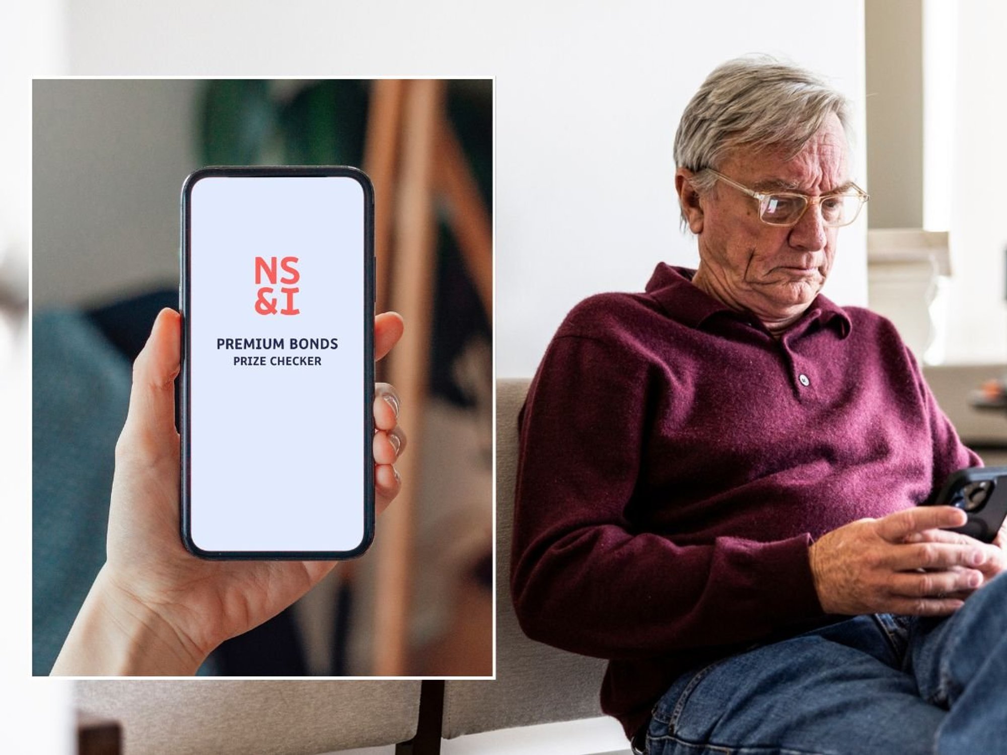 Premium Bonds prize checker and man looking at phone