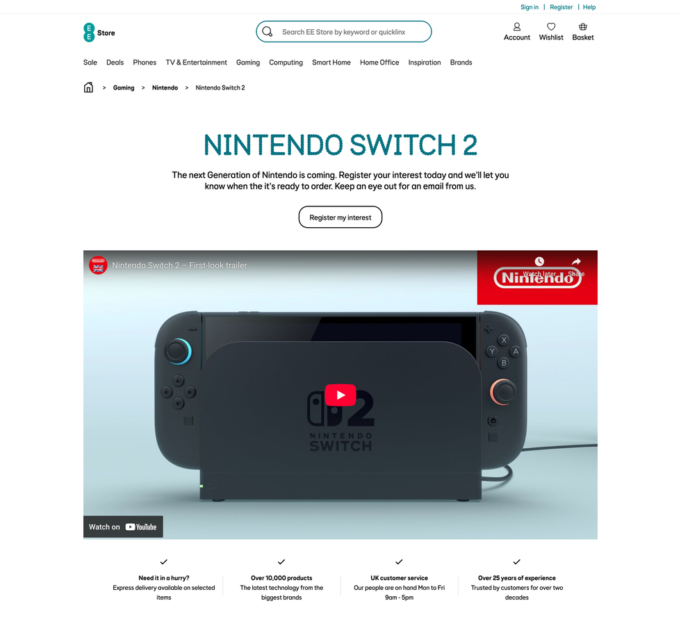 preorder page for nintendo switch 2 on ee website