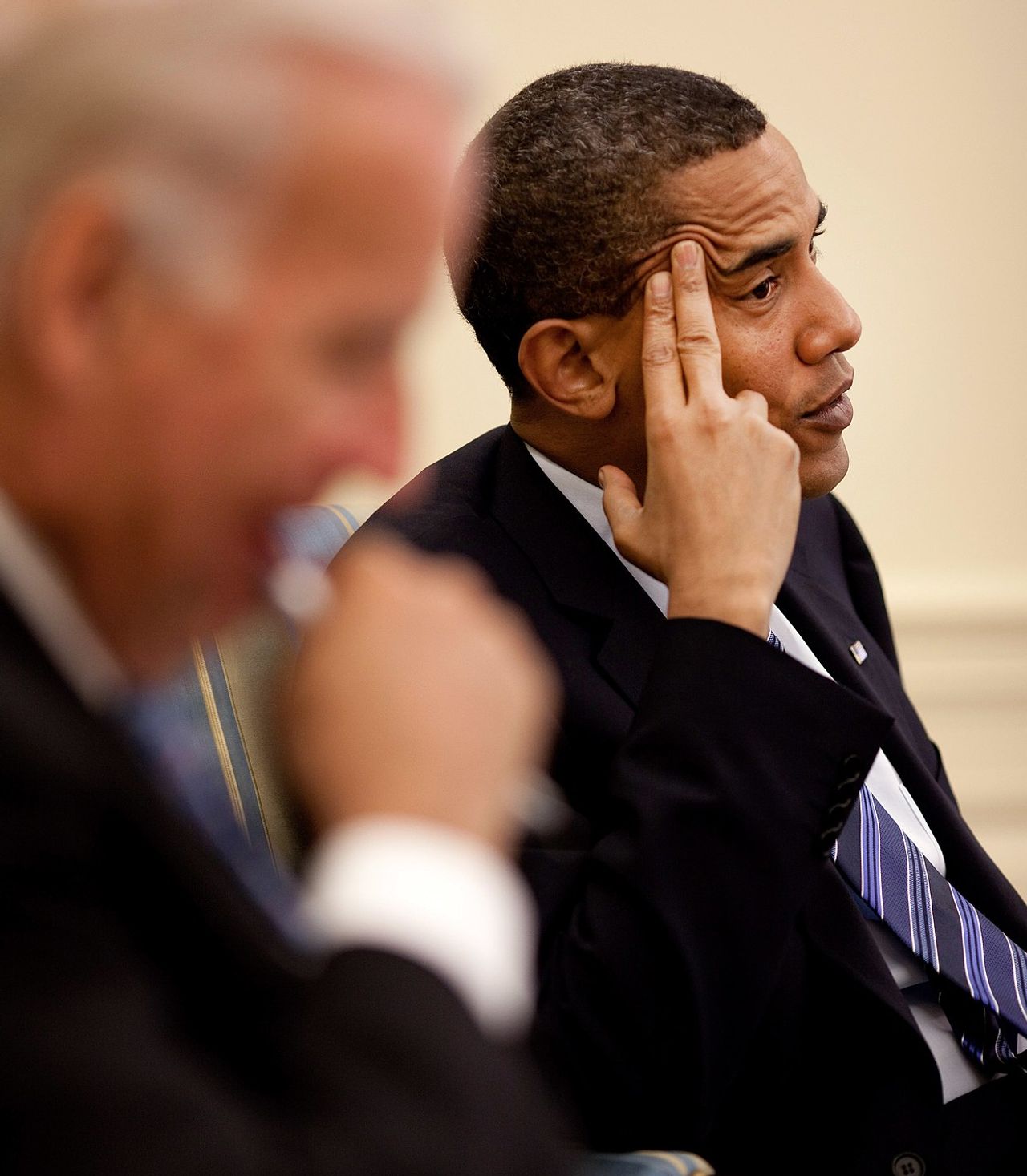 President Barack Obama and Vice President Joe Biden at the daily economic briefing in the Oval Office.