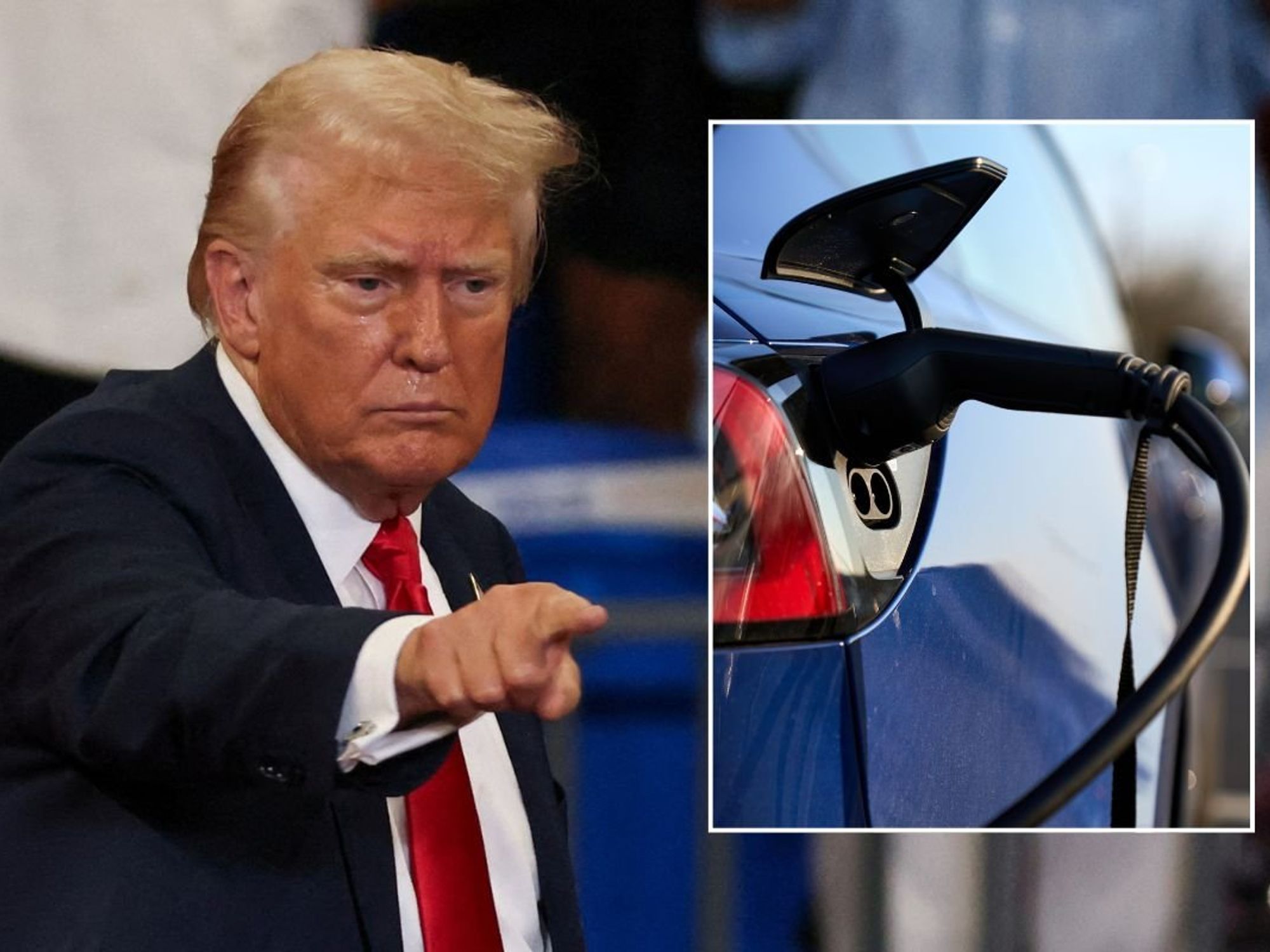 President Donald Trump and an electric car charger